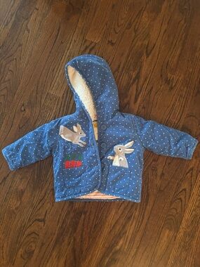 Baby Boden Blue Polka Dot Hooded Jacket with Bunny Appliqués